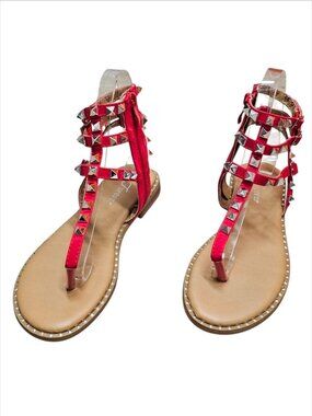 Red Gladiator Sandals With Studded Straps & Side Zipper For Women Flat Sole Comf